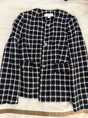 Zara Blue and White Check Tweed Blazer - Size Small